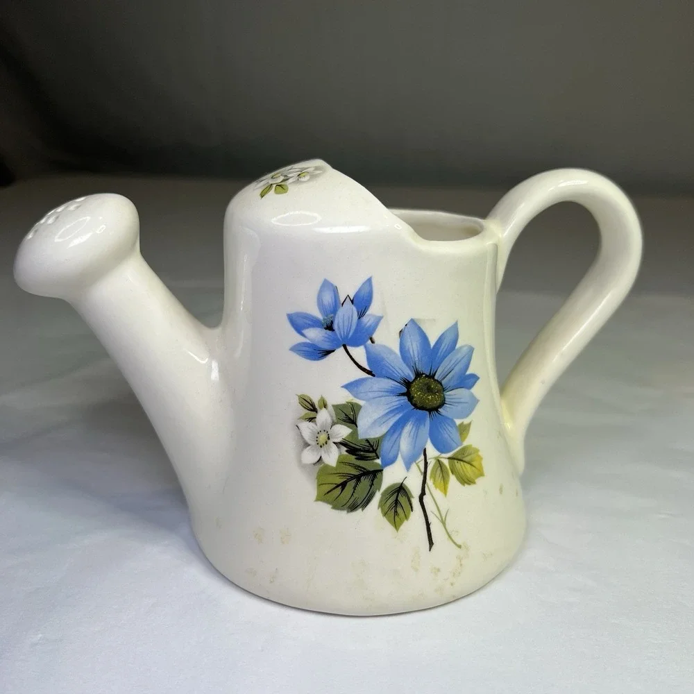 Vintage‎ White Ceramic Watering Can Planter w/ Blue Flower H4.5
